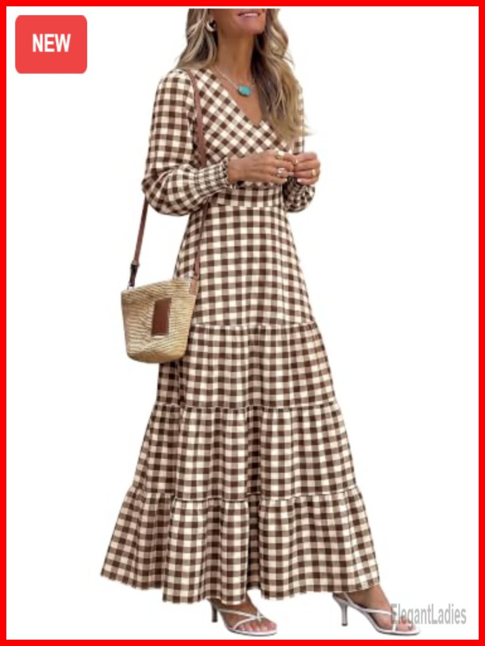 Long Sleeve Gingham Striped Boho Flowy A-Line Maxi Dress Smocked